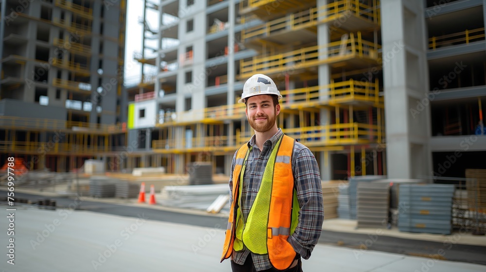 Male construction contractor posing in front of a construction looking at the camera