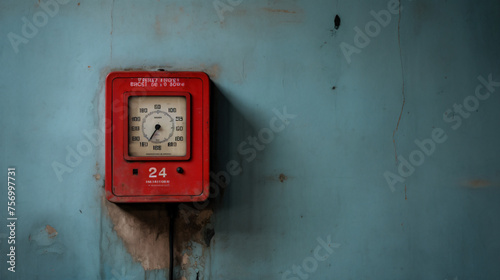 A manual red fire alarm signal box on the cement wall. photo