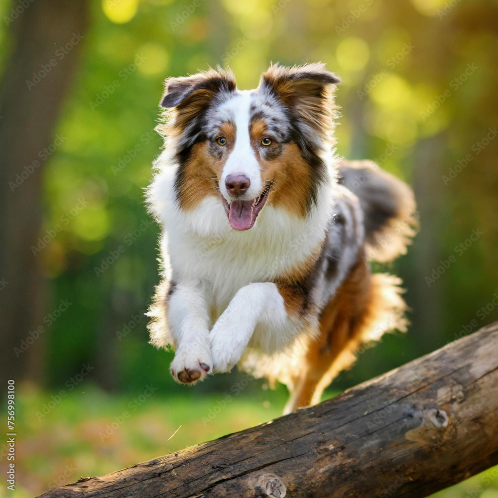 Agile Australian Shepherd dog jumping over log in park