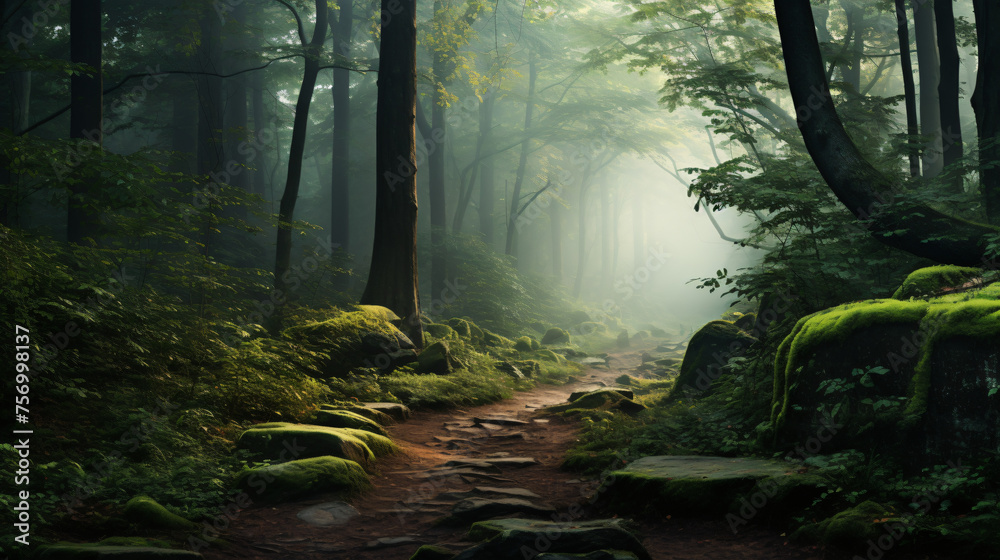 A misty forest with towering trees and a winding path.