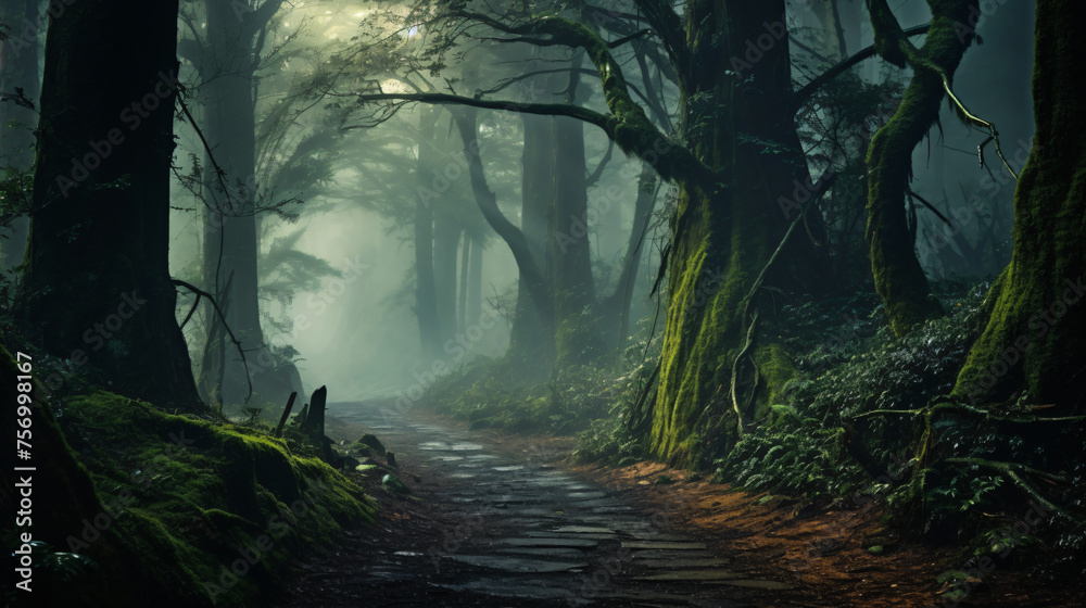 A misty forest with towering trees and a winding path.