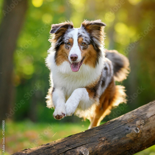 Agile Australian Shepherd dog jumping over log in park