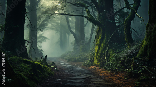 A misty forest with towering trees and a winding path.