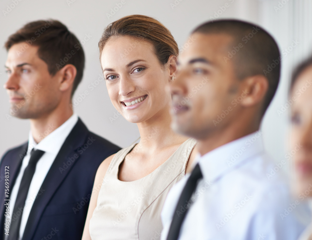 Workshop, portrait and woman with smile in group for meeting or job interview in corporate company and professional. Row, employee or female person in conference of business for training of staff Workshop, portrait and woman with smile in group for meeting or job interview in corporate company and professional. Row, employee or female person in conference of business for training of staff