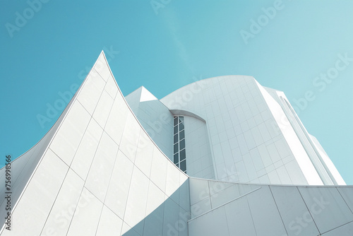 The stark lines of white futuristic architecture contrast against a clear blue sky.