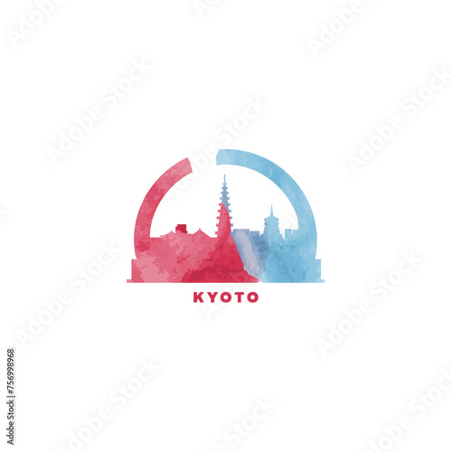 Kyoto city watercolor cityscape skyline, panorama vector flat modern logo, icon. Japan megapolis emblem concept with landmarks and building silhouettes. Isolated graphic	