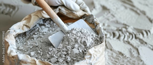 Powdered cement is packed with trowel in bag photo