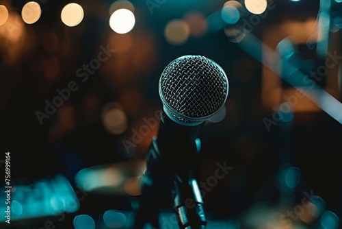 Microphone in nightclub concert hall viewed up close