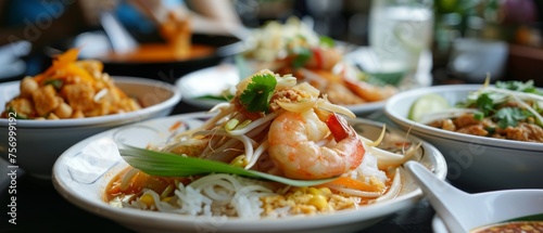 Mix of Thai food shrimp pad thai and panang curry