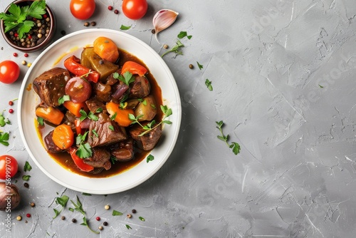 Photo of beef stew with vegetables on grey background top view with space for text