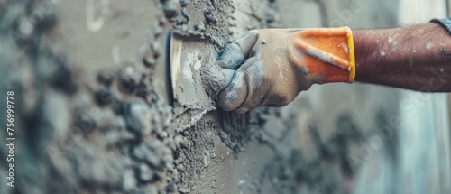 Plasterer using trowel to plaster a cement wall on construction site Construction industry worker photo