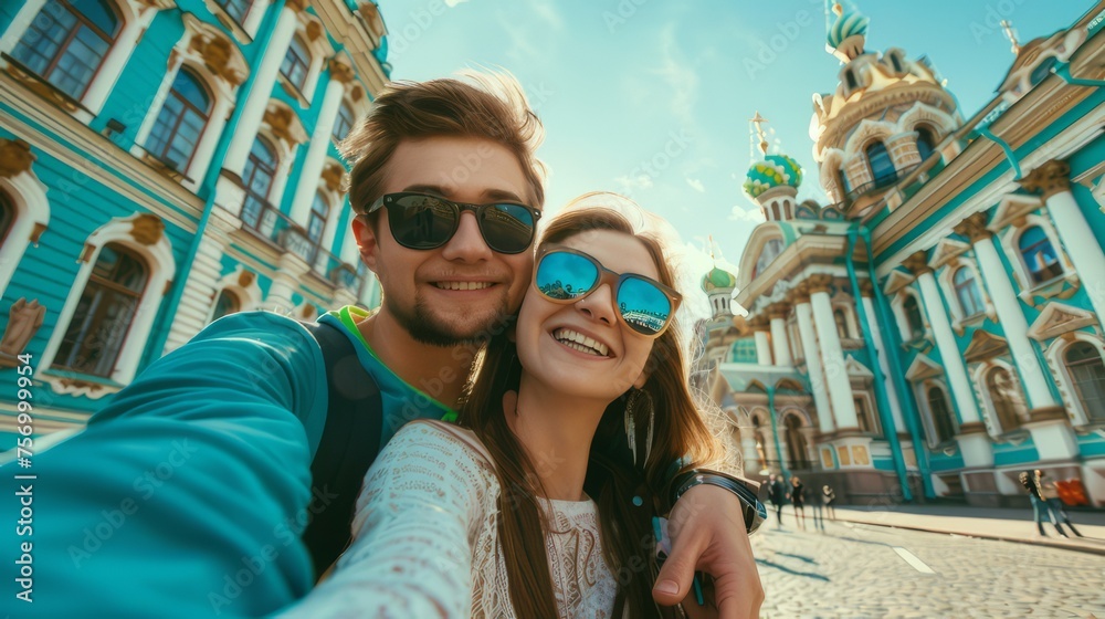 Joyful Pair Capturing Selfie Moment Against the Majestic Background of St. Petersburg, Russia.