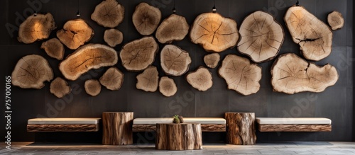 A wall adorned with numerous slices of natural wood  adding a touch of rustic charm to the kitchen. The symmetry and texture create a unique and inviting ambiance