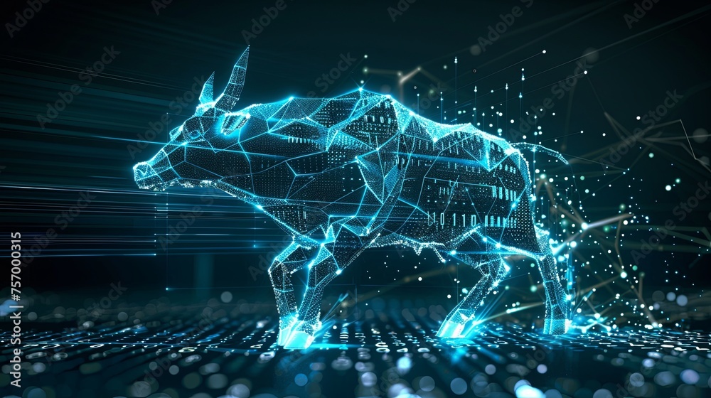 Cybernetic Bull on Digital Data Surface A cybernetic bull stands on a shimmering digital data surface, representing strength and bullish trends in the technology-driven financial market.
Cybernetic Bull on Digital Data Surface A cybernetic bull stands on a shimmering digital data surface, representing strength and bullish trends in the technology-driven financial market.