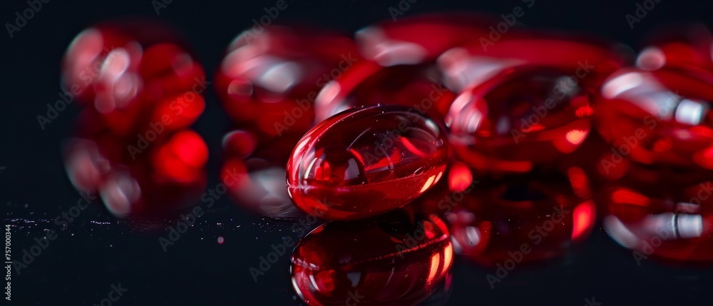 Red gel capsule on black background in close up view Red gel capsule on black background in close up view