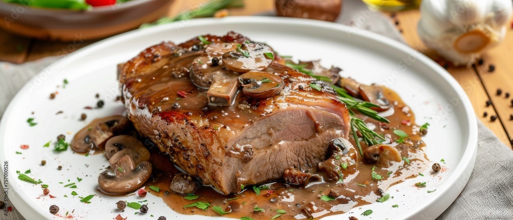 Savory pork fillet with mushrooms on a white plate for the holidays