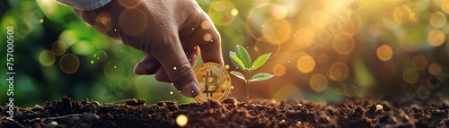 Bitcoin Investment Symbolizing Fertile Opportunities A hand delicately positions a golden Bitcoin in the soil next to a thriving seedling, portraying the fertile opportunities of cryptocurrency inves 