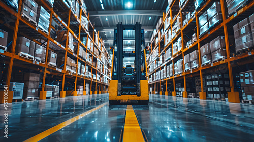 Interior of Warehouse Dock Loading Cargo with Electric Forklift, Industrial Logistics and Distribution Center, Shipping and Transportation Background, Generative AI

 photo