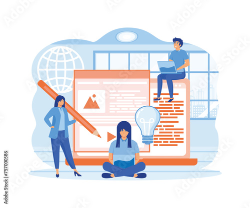 Blog authors writing articles. Freelance writers with laptops creating internet content. For online education, people of creative job. flat vector modern illustration