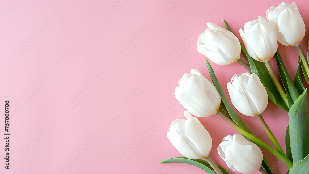 White tulips in the pink background with copy space on the left. Mother's Day, birthday, wedding, and anniversary background.