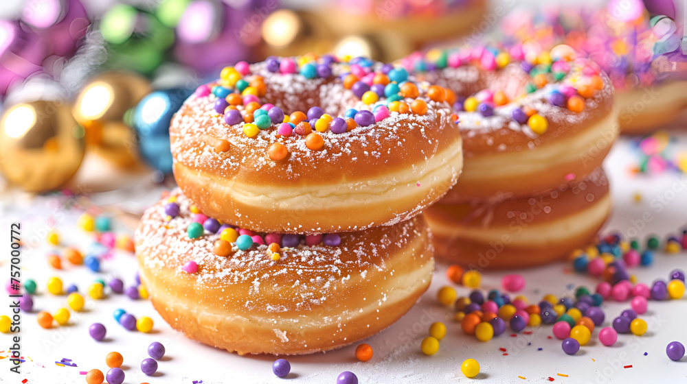 Krapfen Kreppel Donuts, Traditional Food for Mardi Gras, Delicious German Carnival Treats with Powdered Sugar, Sweet Bakery Dessert on White Background, Generative AI

