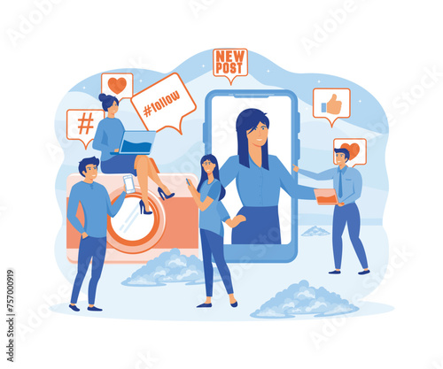 Blogging concept. Blogger creating photo and video content, writes new post for social media networks. Influencer marketing. flat vector modern illustration