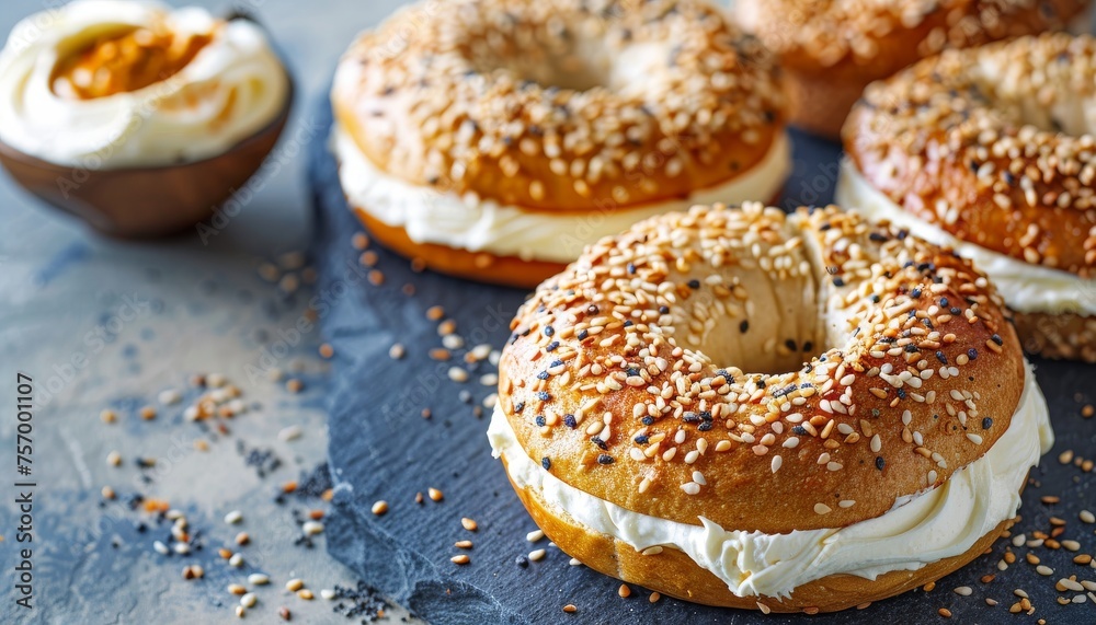 Spreading cream cheese on a bagel on a blue slate background