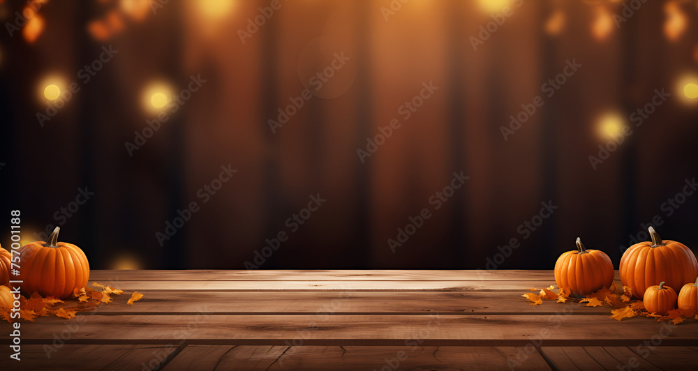 Halloween concept wood table with pumpkins blurred bokeh background concept Halloween - obrazy, fototapety, plakaty 