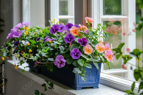 Spring planter of flowers and leaves by window