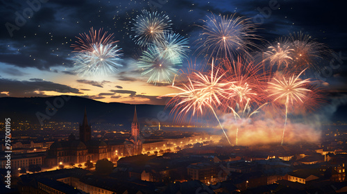 Fireworks on the modern city the concept of Christmas and New Year Happy new year fireworks background with Skyline