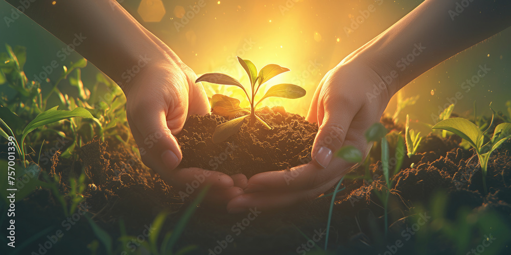 Fototapeta premium In the hands of a human is the earth, from which a green young seedling is sprouting. Environment Earth Day. Earth Day. Concept of forest conservation, environment. Ecology