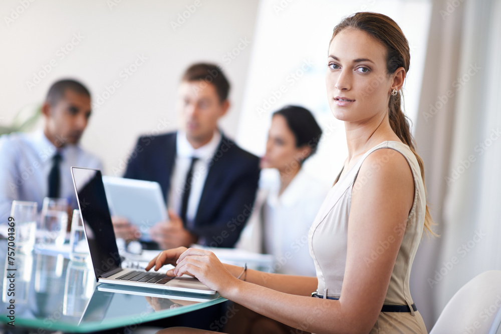 Businesswoman, thinking and office with laptop, corporate environment with online technology. Consultant, idea for teamwork collaboration, partnership and web search for administrator and employees