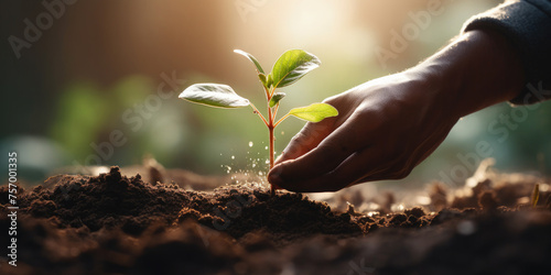 In the hands of a human is the earth, from which a green young seedling is sprouting. Environment Earth Day. Earth Day. Concept of forest conservation, environment. Ecology