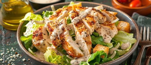 Tasty Caesar salad with chicken Parmesan dressing and croutons