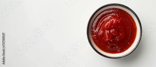 Tasty sauce in bowl on white surface seen from above photo