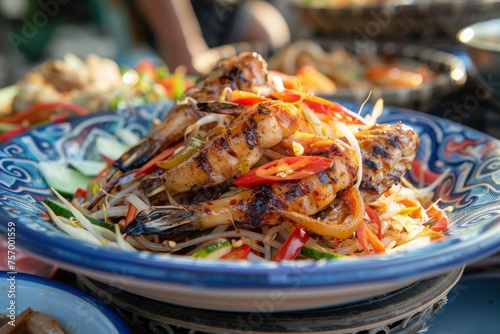 Thai papaya salad with chicken wings famous street food with hot and spicy taste