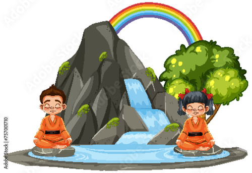 Two children meditating near a waterfall with a rainbow