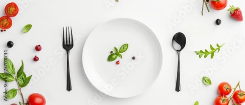 Top view of balanced food on white background with cutlery near plate and diverse products