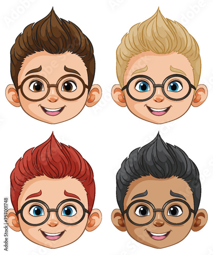 Four cartoon boys with different hairstyles and expressions.