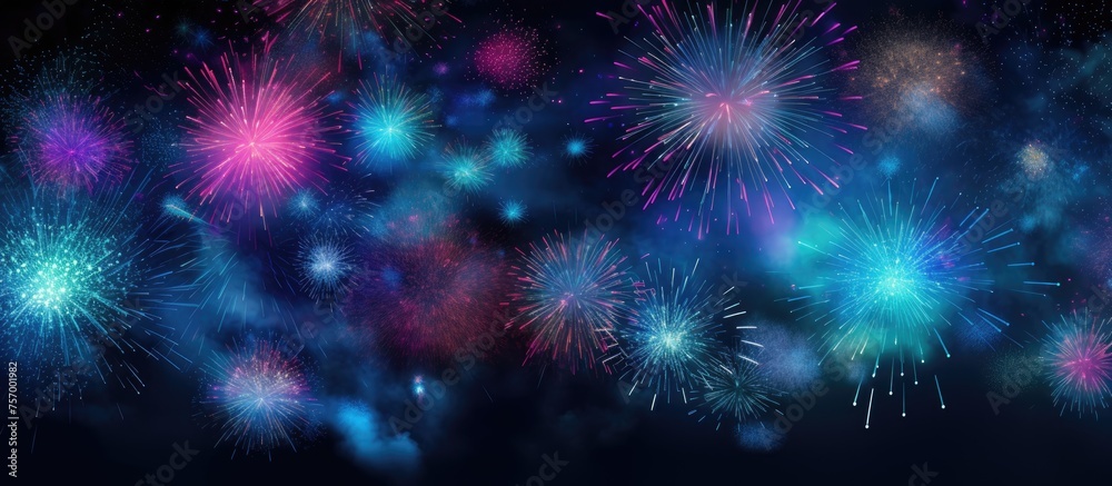 Fototapeta premium A spectacular display of colorful fireworks resembling astronomical objects such as nebulae and stars, with bursts of purple, electric blue, magenta, and gas patterns lighting up the night sky