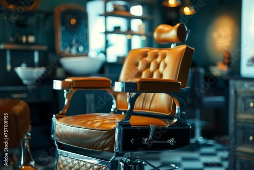 Vintage barber chair in modern barbershop for men Professional stylist in stylish interior