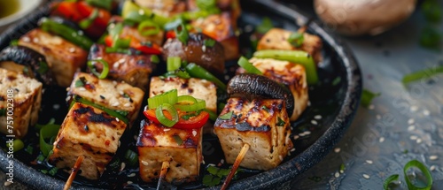 Vegetarian skewers with Asian flavors using mushrooms tofu leek
