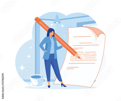 Content writer, blogger, bullet journalist or publishing editor concept, young smart woman freelance holding big pencil thinking and writing content on notepad paper with cup of coffee. 