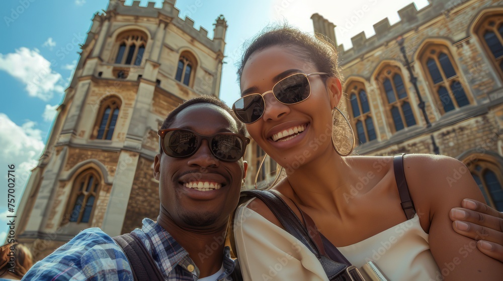 Joyful Pair Capturing Selfie Moment Against the Majestic Background of St.George's Chapel, England