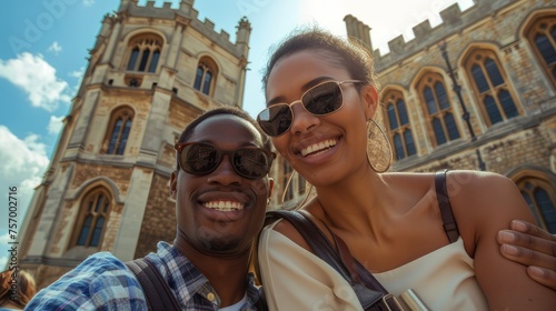 Joyful Pair Capturing Selfie Moment Against the Majestic Background of St.George's Chapel, England © Somvang