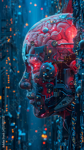 Translucent brain abstraction of futuristic medicine showing chip implantation and connection with artificial intelligence. Against the background of the Internet and the global network.