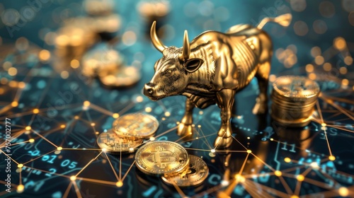A golden bull sculpture is ...