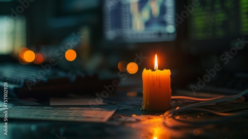 In a dark room illuminated only by the faint glow of a candle, the solitary light casts shadows over a trading station during a power outage.