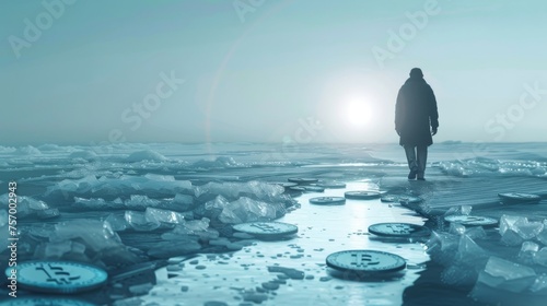 A lone figure embarks on a journey across a frozen landscape  treading a path lined with embedded cryptocurrency coins  under the watchful eye of the distant sun.