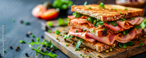 Multigrain Sandwich with Ham, Cheese, and Microgreens on a Wooden Surface 